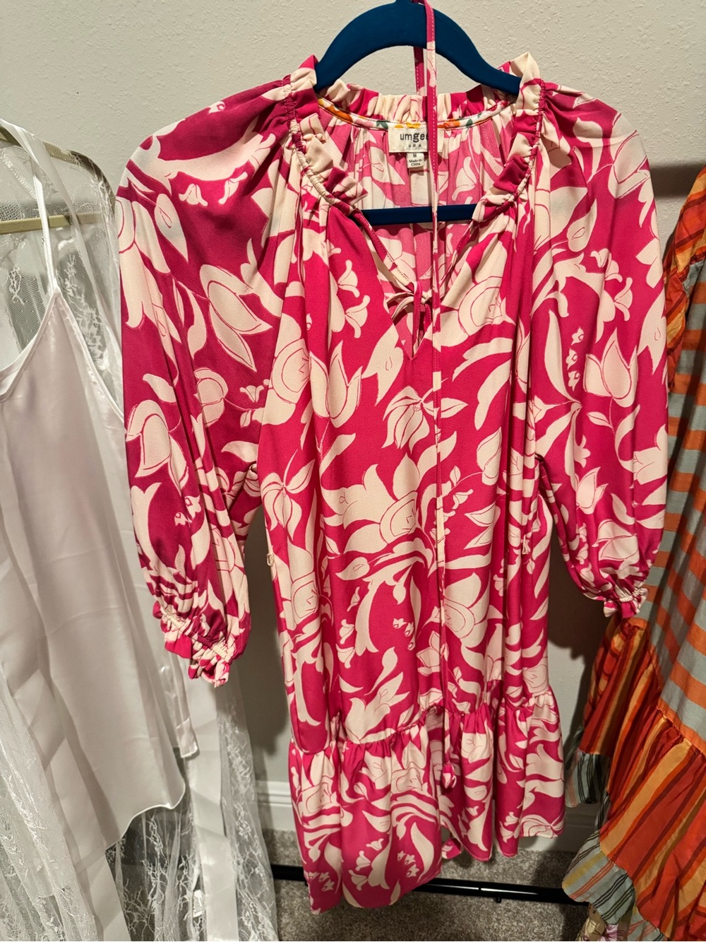 Umgee Pink and Cream Floral Ruffle Dress
